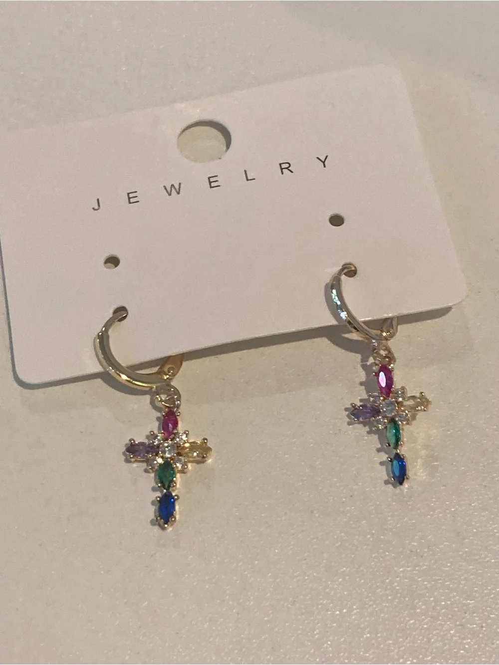 Gold Multicolor Cross CZ Drop Earrings -_9